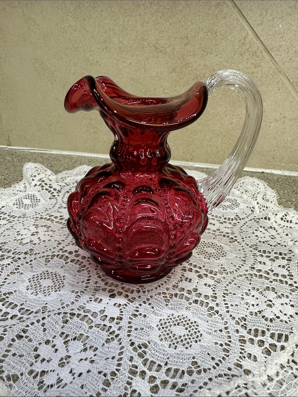 Vintage Fenton Cranberry Beaded Melon Pitcher with Clear Handle UV Glow Glass